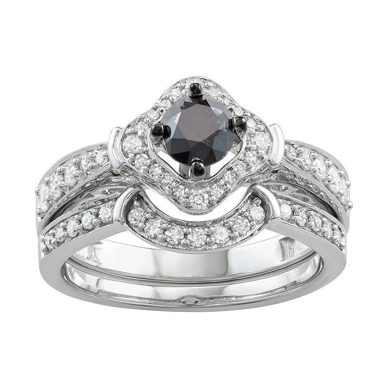 14k White Gold 1 Carat T.W. Black & White Diamond Engagement Ring Set, Womens 14k Whgold Product Image