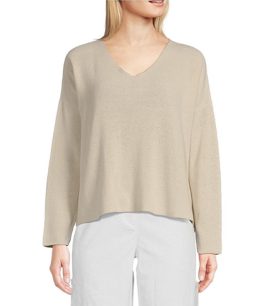 Eileen Fisher Peruvian Organic Cotton Crepe V-Neck Long Sleeve Sweater Product Image