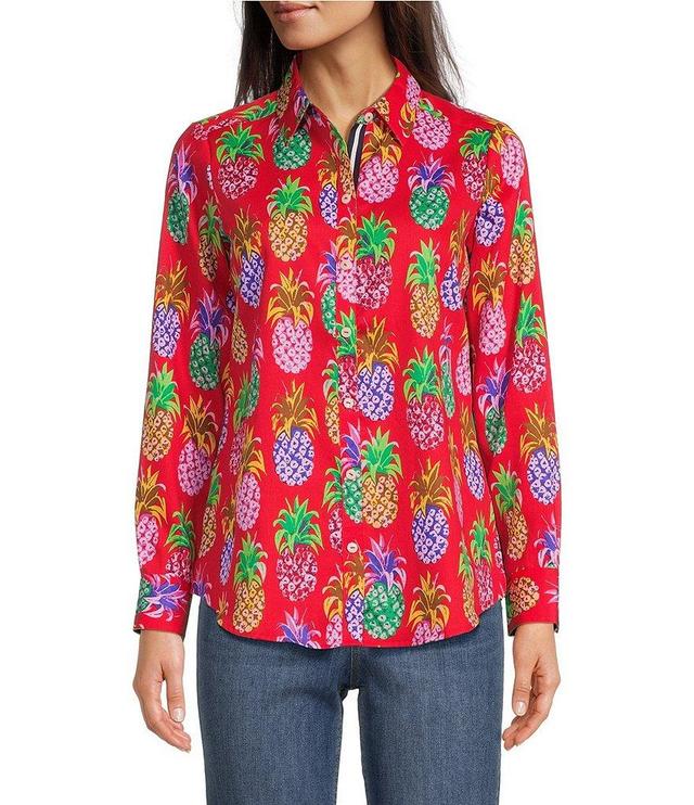 Foxcroft Zoey Pineapple Print Cotton Sateen Point Collar Long Sleeve Button Front Shirt Product Image