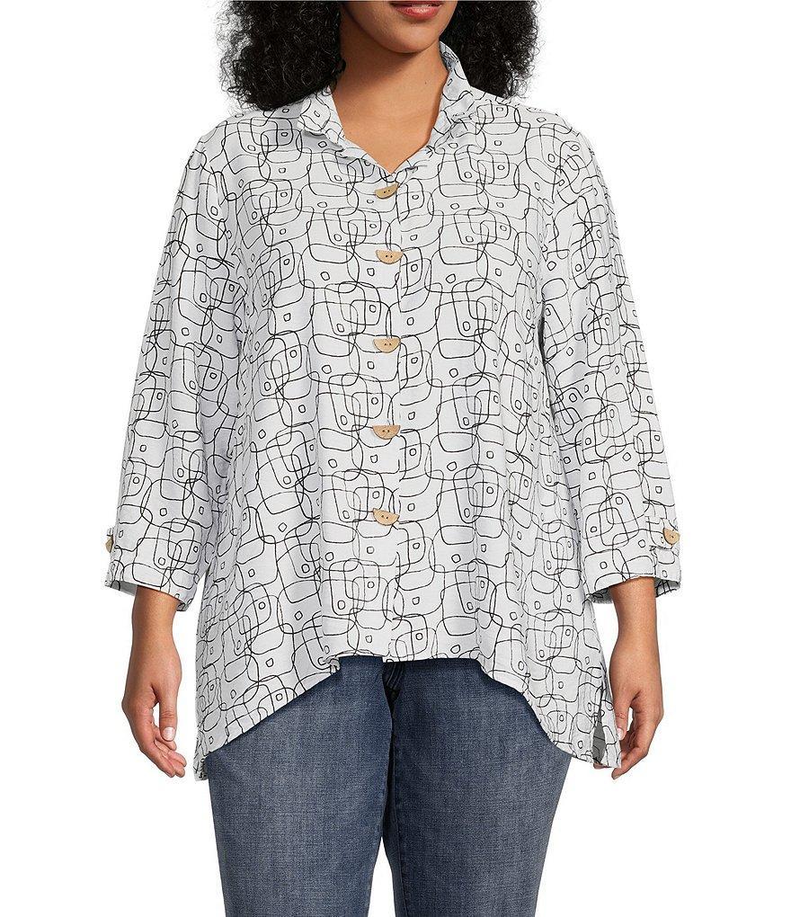 Ali Miles Plus Size Woven Abstract Print Wire Collar 3/4 Roll-Tab Sleeve Hi-Low Hem Blouse Product Image