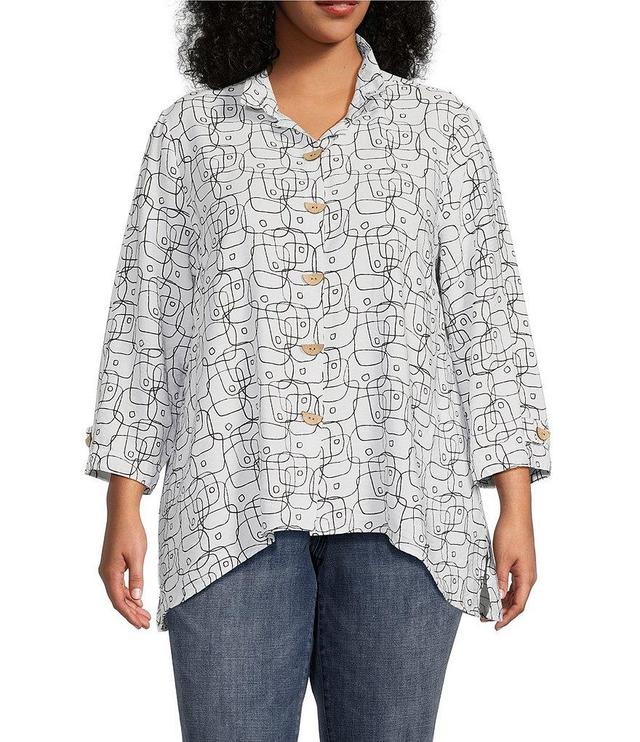 Ali Miles Plus Size Woven Printed Wire Collar 3/4 Roll-Tab Sleeve Hi-Low Hem Blouse Product Image