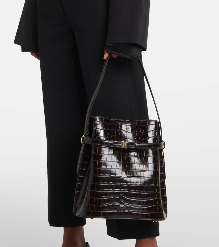 Belted Croco-embossed Bucket Bag Dark Brown Product Image