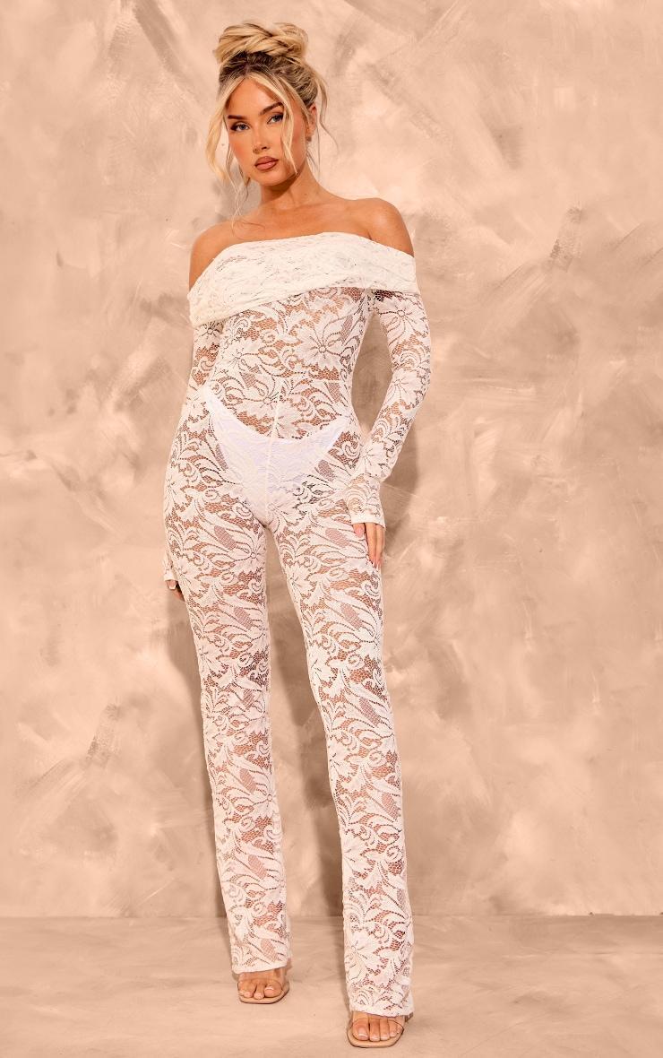 White Lace Foldover Bardot Long Sleeve Jumpsuit Product Image