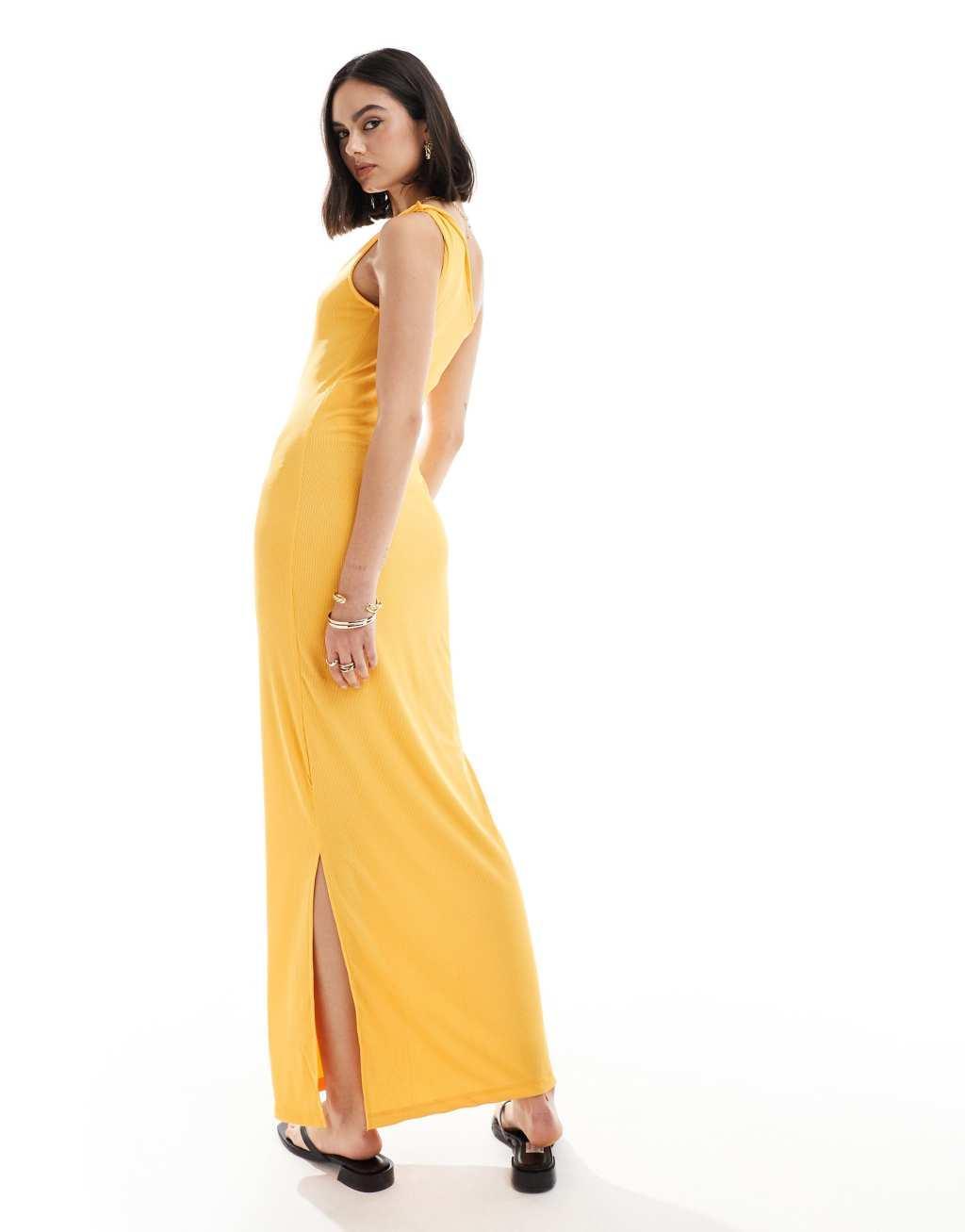 Vero Moda one shoulder ribbed jersey maxi dress in golden orange Product Image