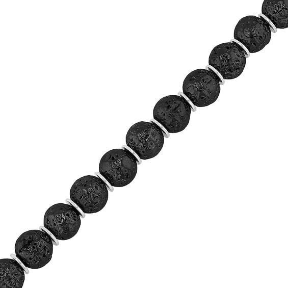 Men's 10.0mm Black Lava and Disc Bead with Skull and Crossbones Bracelet in Stainless Steel and Gunmetal Grey IP - 8.5" Product Image