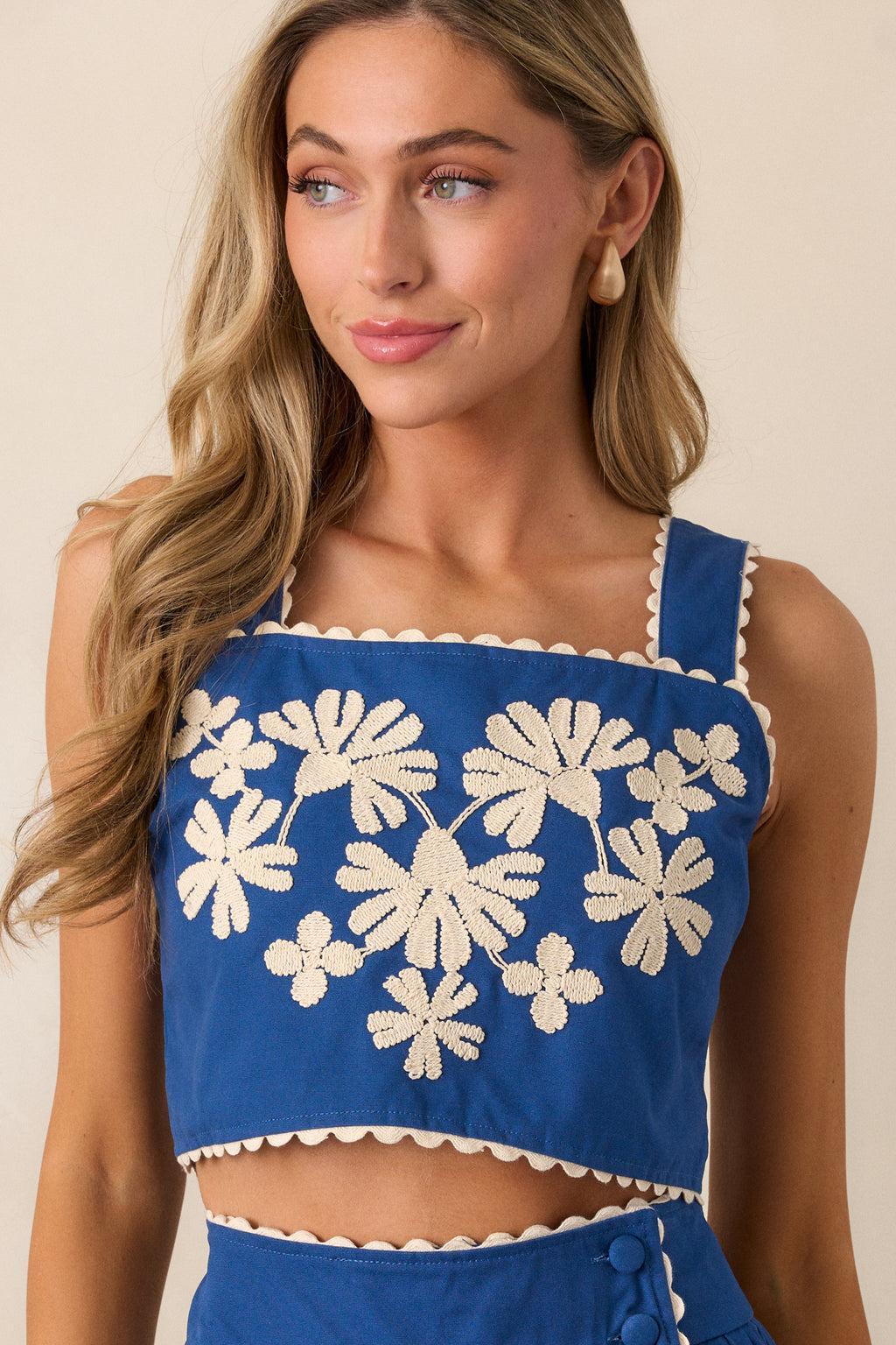 Take Me There Blue Embroidered Floral Cropped Top Product Image