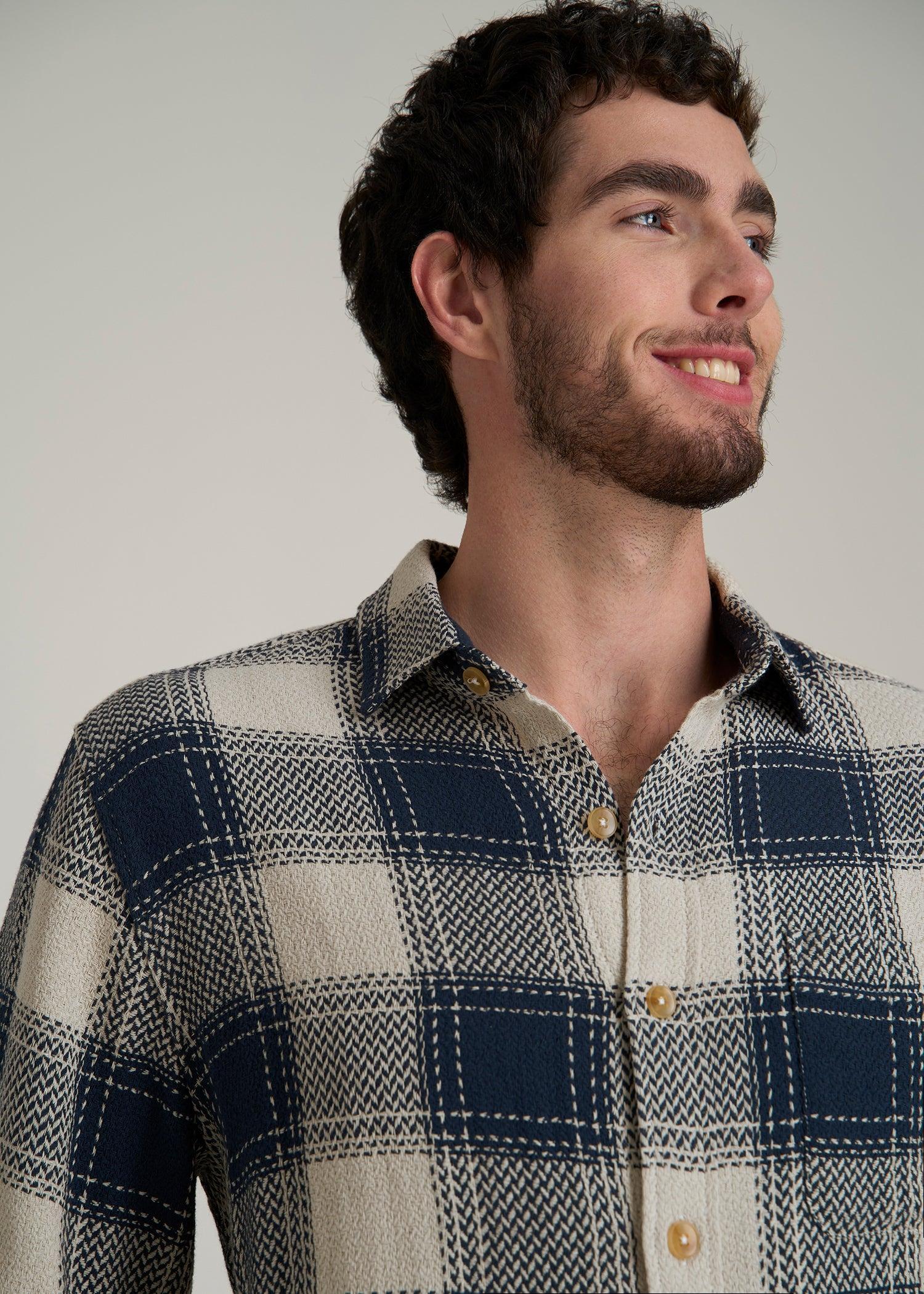 Lightweight Knit Overshirt for Tall Men in Navy and Beige Plaid Male Product Image