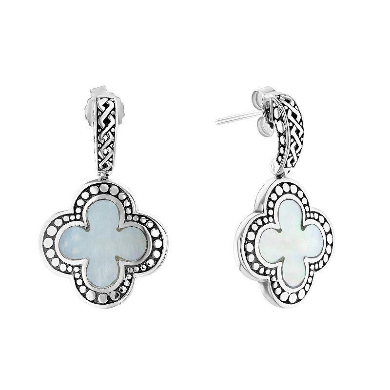 Athra NJ Inc Sterling Silver Mother Of Pearl Textured Clover Drop Earrings, Womens Product Image