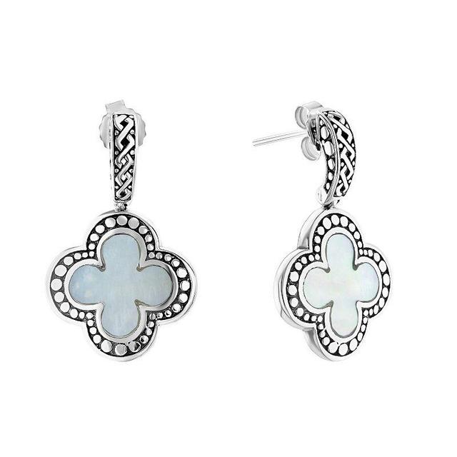 Athra NJ Inc Sterling Silver Mother Of Pearl Textured Clover Drop Earrings, Womens Product Image