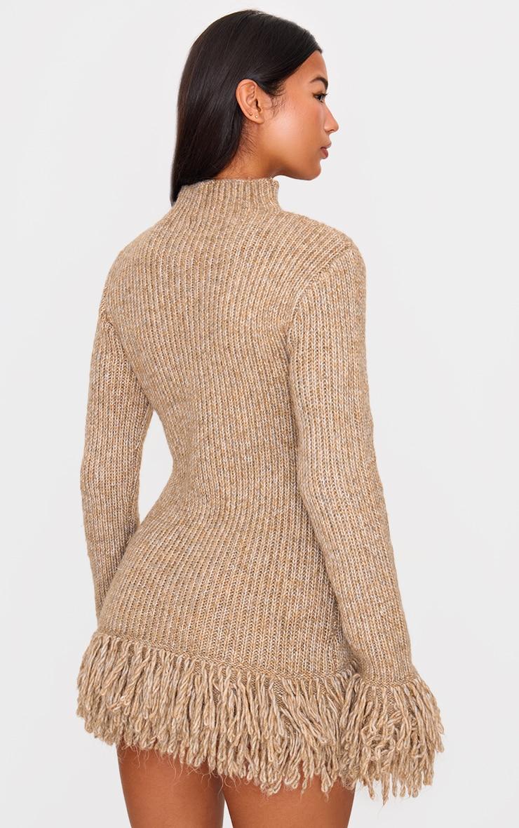 Mocha Chunky Knitted Fringe Hem Long Sleeve Sweater Dress Product Image