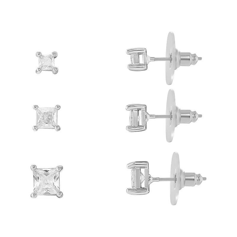 Emberly Square Cubic Zirconia Stud Earrings Trio Set, Womens, Grey Product Image