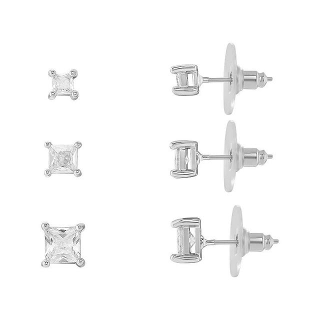 Emberly Square Cubic Zirconia Stud Earrings Trio Set, Womens, Silver Tone Product Image