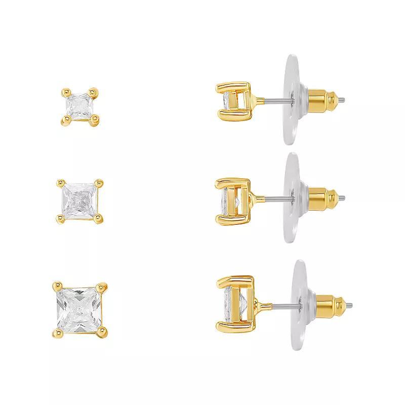 Emberly Square Cubic Zirconia Stud Earrings Trio Set, Womens, Yellow Gold Tone Product Image