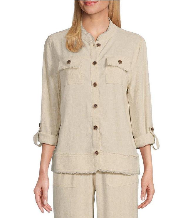 Multiples Solid Linen-Blend Stand Collar Long Roll-Tab Sleeve Button-Front Fitted Coordinating Shirt Product Image