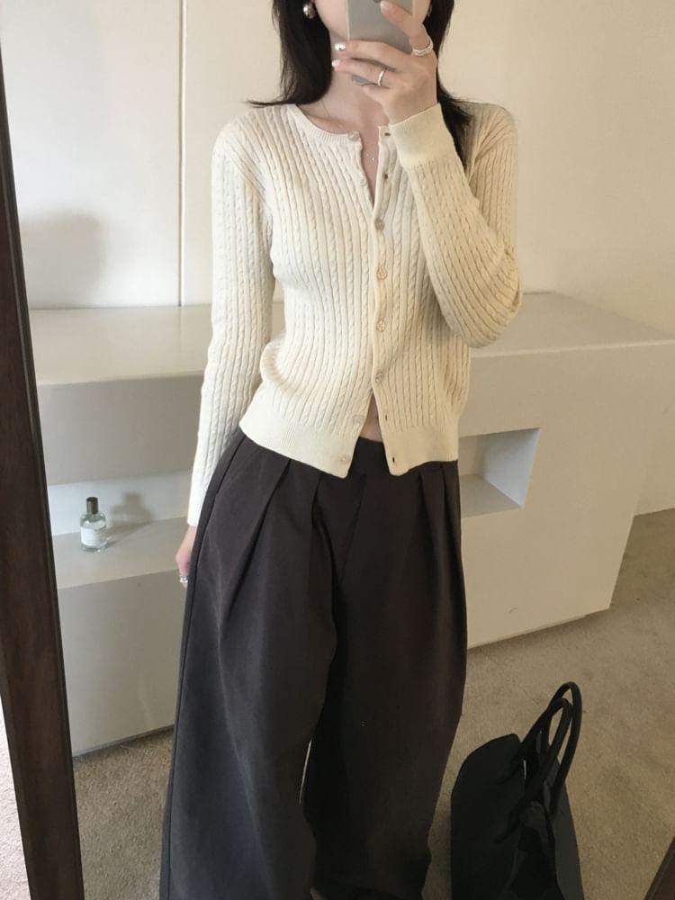 Round Neck Plain Cable Knit Cardigan Product Image