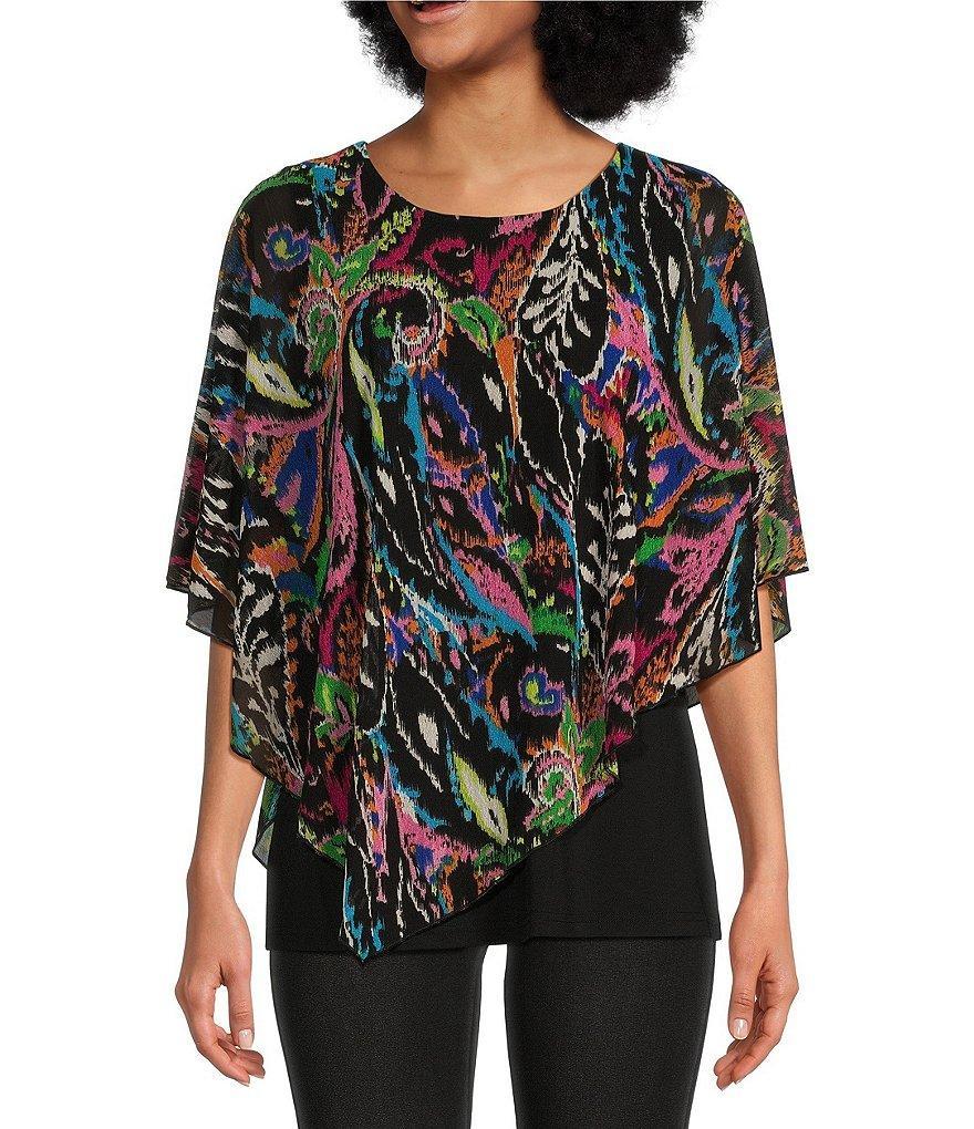 Calessa Petite Size Knit Mesh Abstract Print Crew Neck Short Sleeve Asymmetrical Hem Double Layered Top Product Image