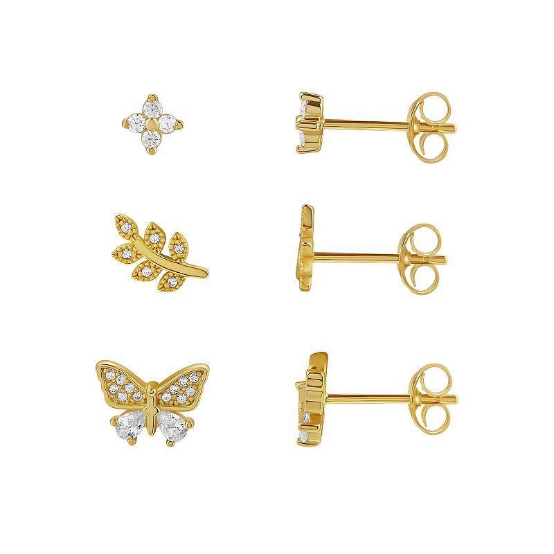 PRIMROSE Sterling Silver Cubic Zirconia Flower, Butterfly & Beaded Leaf Stud Earring Trio Set, Womens, Gold Over Sterling Product Image