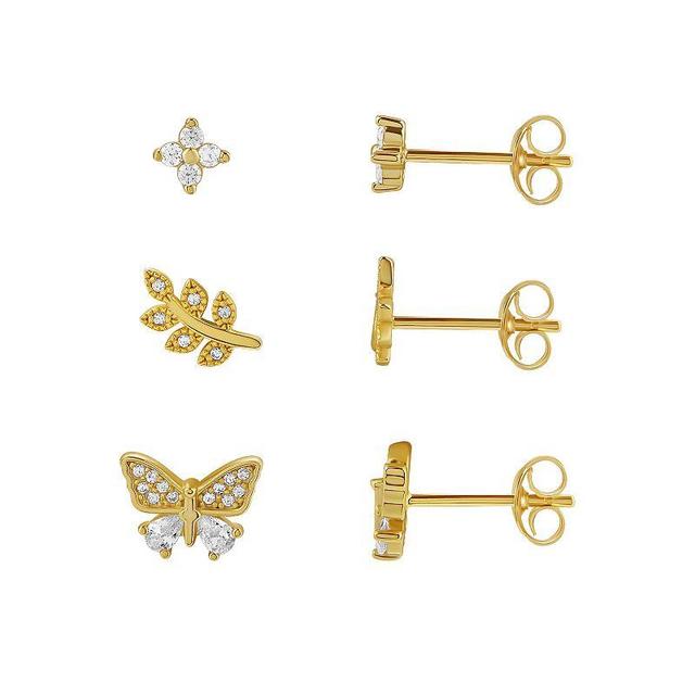 PRIMROSE Sterling Silver Cubic Zirconia Flower, Butterfly & Beaded Leaf Stud Earring Trio Set, Womens, Gold Over Sterling Product Image