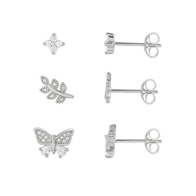 PRIMROSE Sterling Silver Cubic Zirconia Flower, Butterfly & Beaded Leaf Stud Earring Trio Set, Womens Product Image