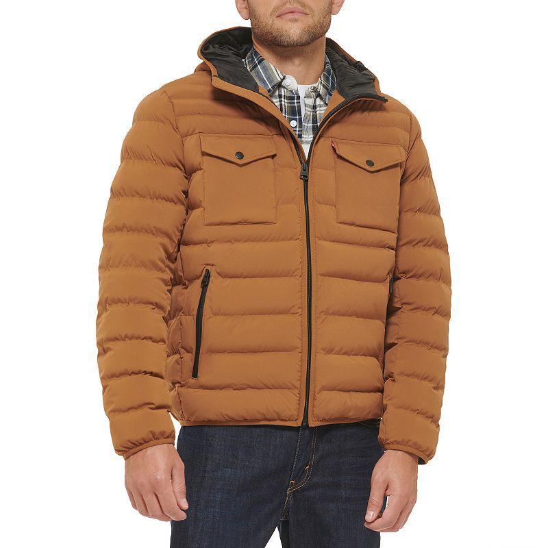 Mens Levis Stretch Two Pocket Quilted Hooded Jacket Brown Product Image