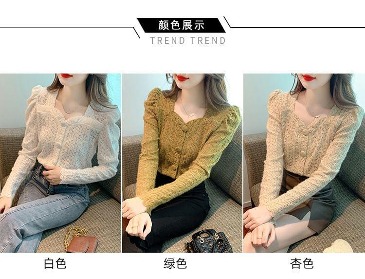 Long-Sleeve V-Neck Button Up Floral Knit Top Product Image