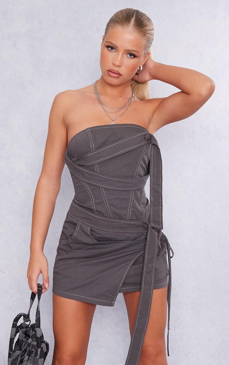 Charcoal Contrast Stitch Strap Detail Wrap Skirt Bandeau Bodycon Dress Product Image