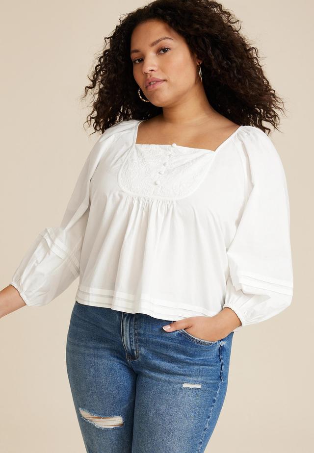 Maurices 4X Plus Size Womens Embroidered Peasant Blouse White Product Image