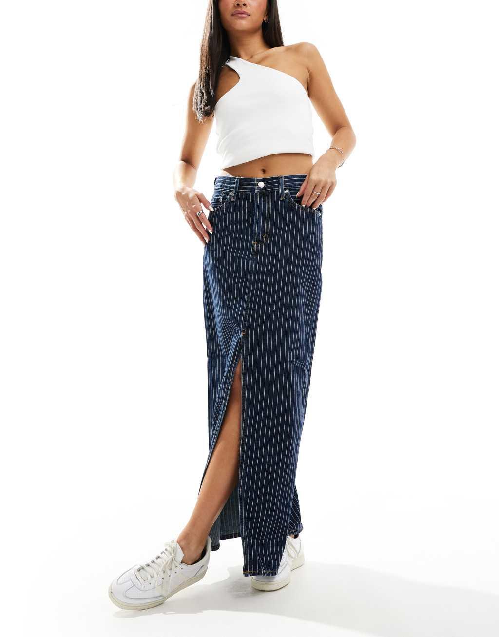 Levi's ankle column stripe denim skirt in dark blue product image