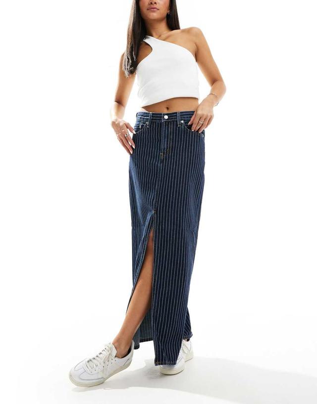 Levi's ankle column stripe denim skirt in dark blue Product Image