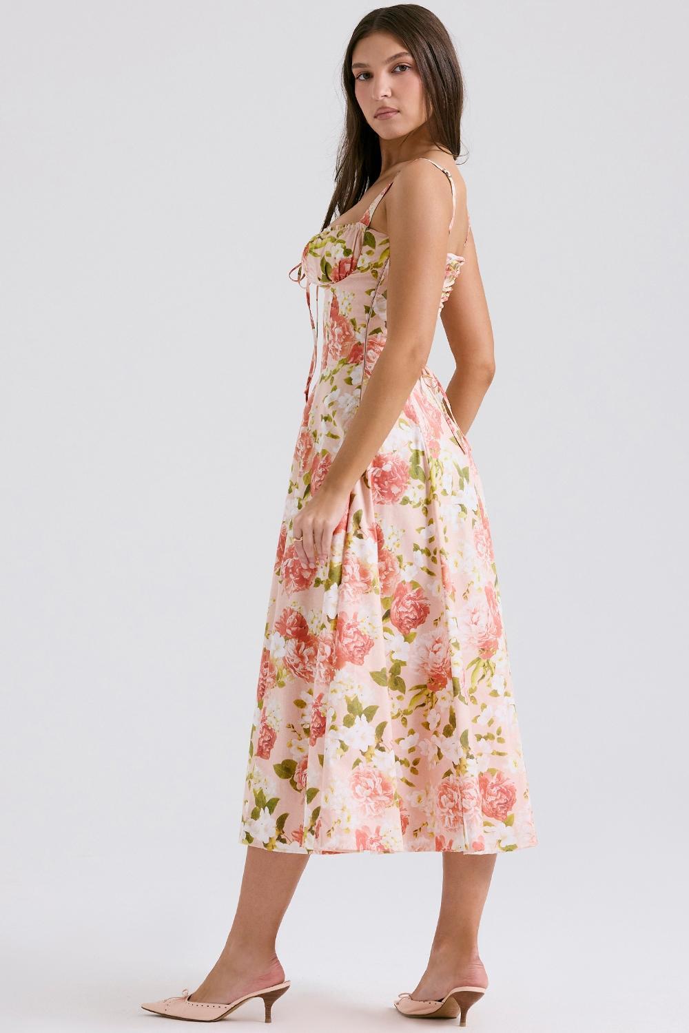 Carmen Pink Peony Print Cotton Bustier Sundress Product Image