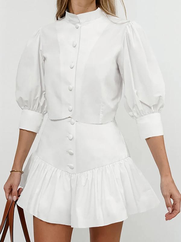 Half Sleeves Loose Buttoned Pleated Solid Color Split-Joint Stand Collar Blouses Top +  Skirts Bottom Two Pieces Set Product Image