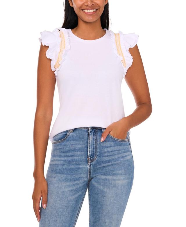 CeCe Womens Contrast-Trim Ruffle-Sleeve Cotton Top Product Image