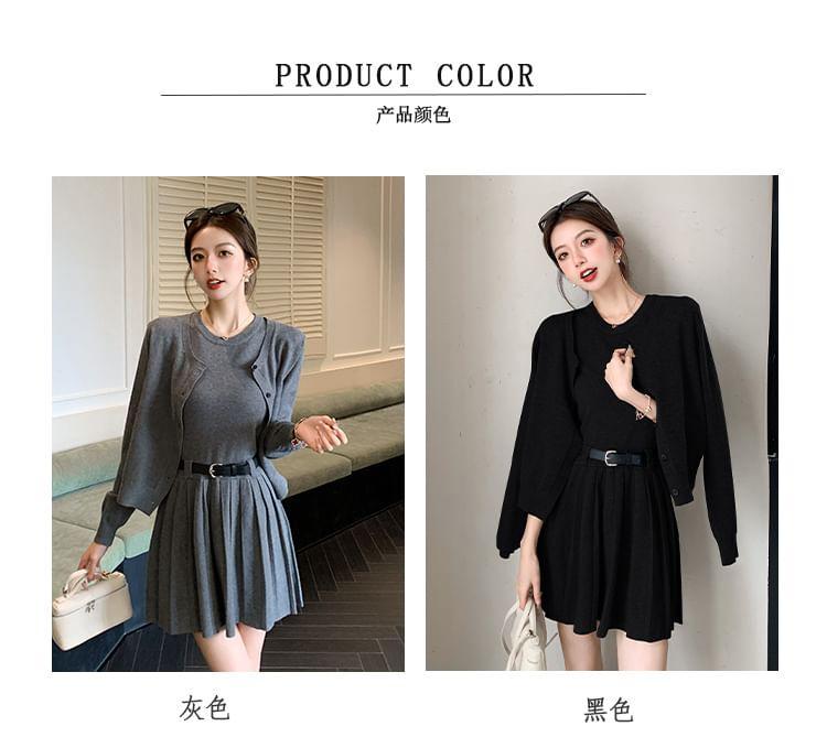 Set: Sleeveless Round Neck Plain Pleated Knit Mini A-Line Dress + Round Neck Cardigan + Belt Product Image