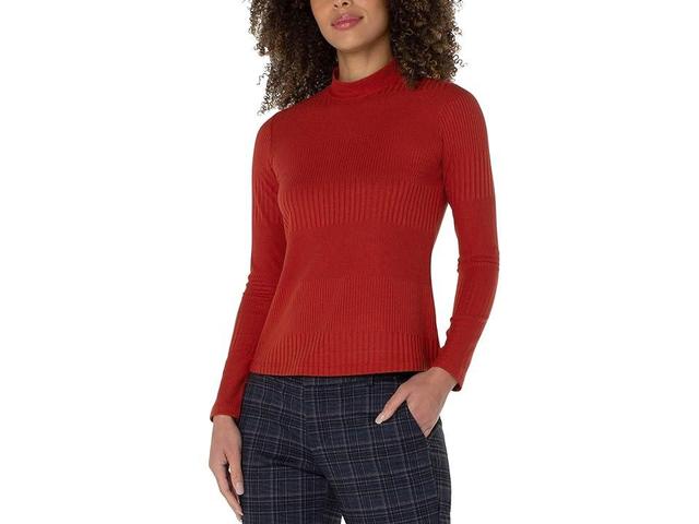 Liverpool Mock Neck Long Sleeve Rib Knit Top (Rust Red) Women's Clothing Product Image