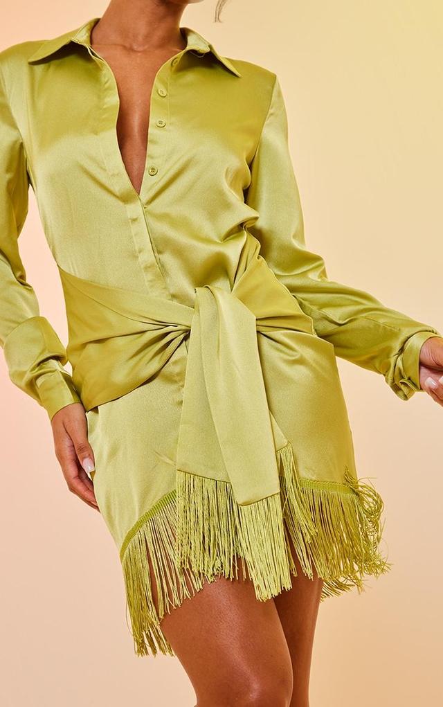 Lime Satin Drape Detail Tassel Hem Shirt Dress Product Image