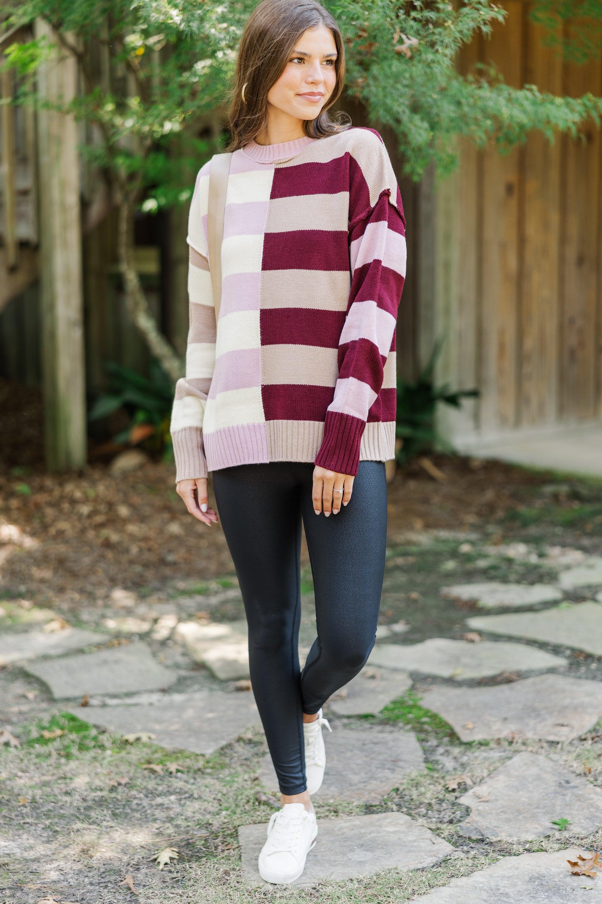 All About You Burgundy Red Striped Sweater Female Product Image