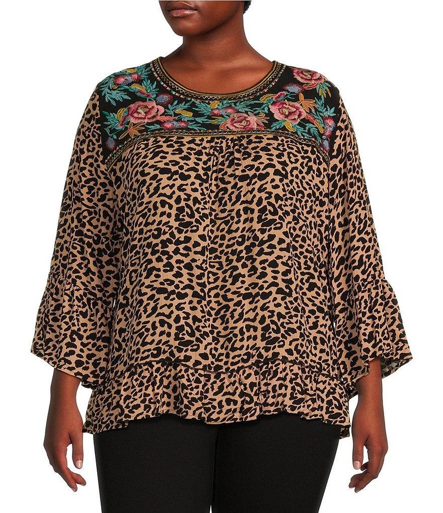 Calessa Plus Size Embroidered Mini Animal Print Crew Neckline 3/4 Sleeve Top Product Image