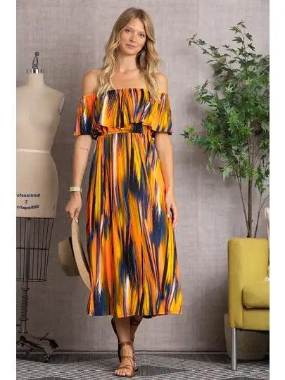 Orange Watercolor Stripe Off the Shoulder Dress Female Product Image