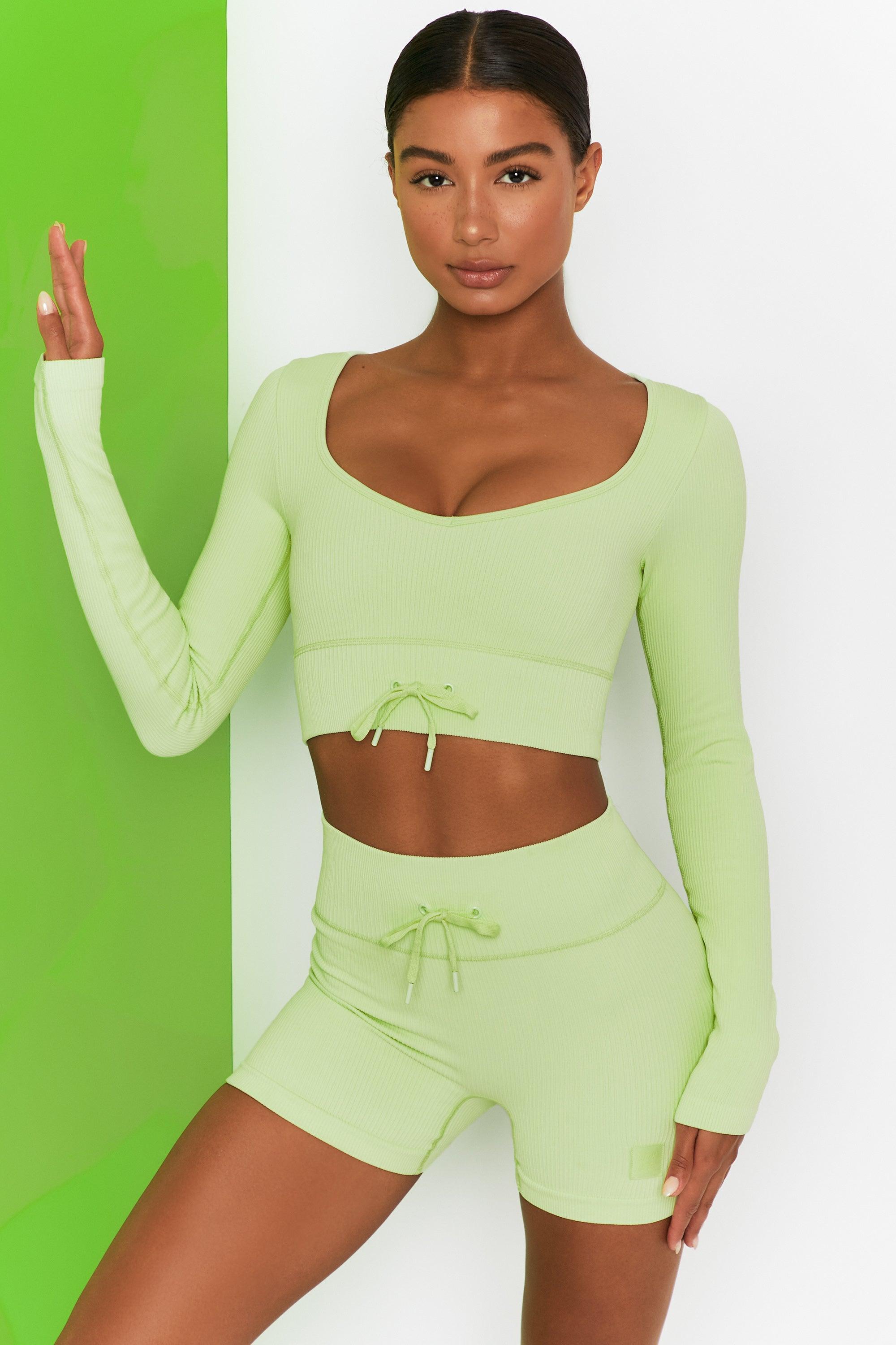 Time Check Ribbed Long Sleeve Crop Top in Lime Product Image