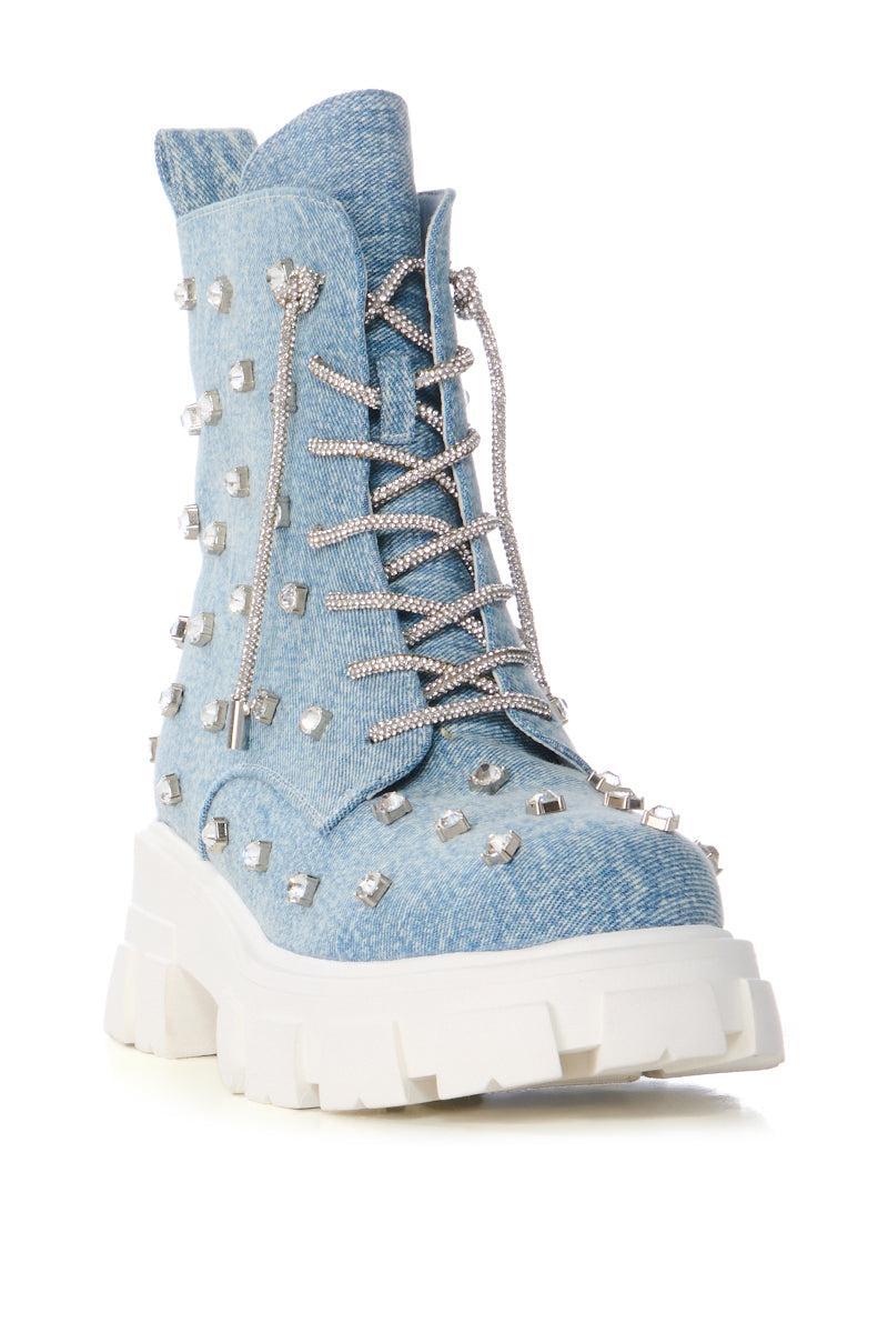 AZALEA WANG GET WHAT SHE LIKE EMBELLISHED BOOTIE IN DENIM Product Image