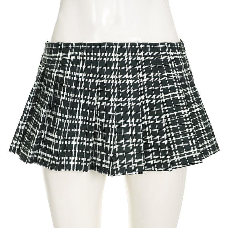 Low Waist Plaid Mini Pleated Skirt Product Image