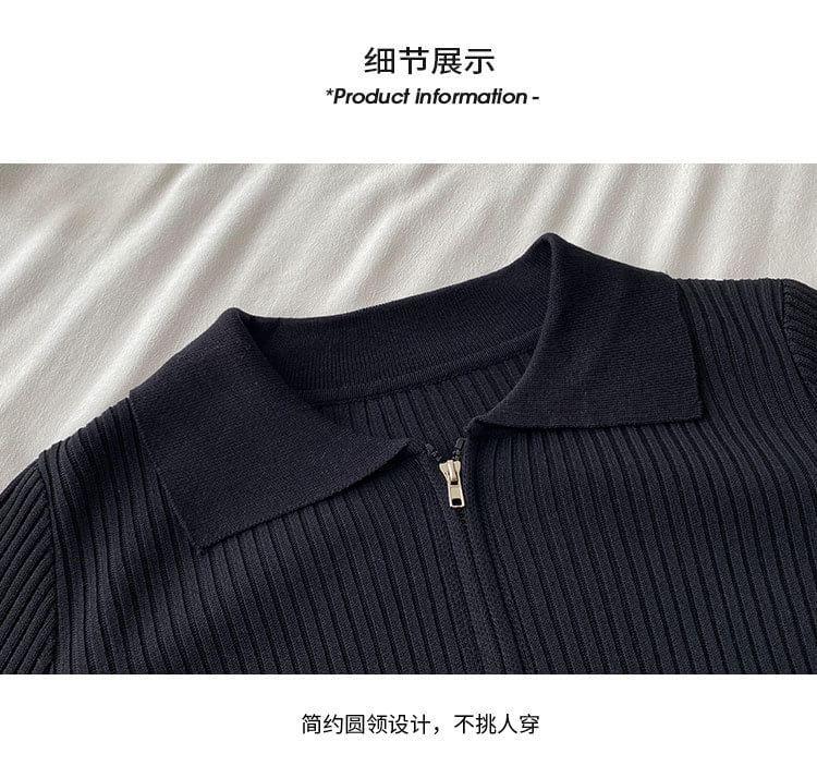 Collar Plain Ribbed Zip Cardigan Product Image