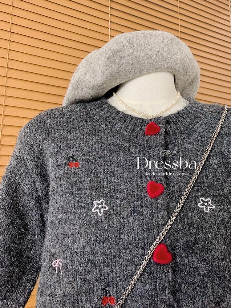 Round Neck Cherry Embroidered Heart Button Cardigan Product Image