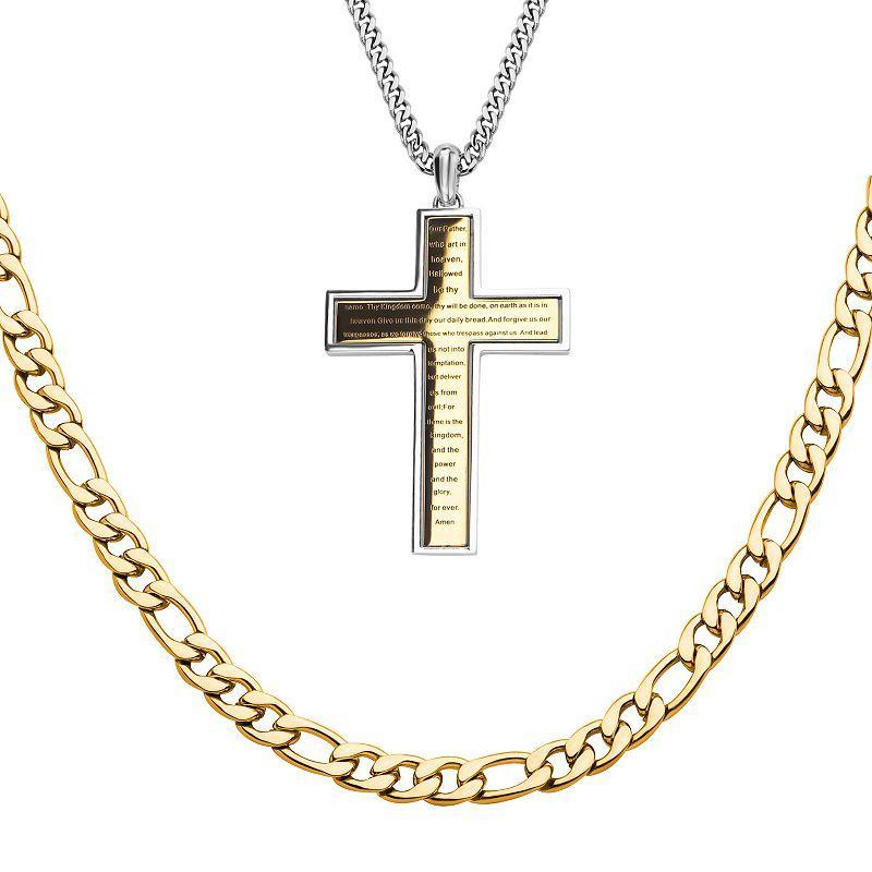 Gold Tone Ion-Plated Stainless Steel Cross Pendant & Figaro Chain Necklace, Mens Product Image