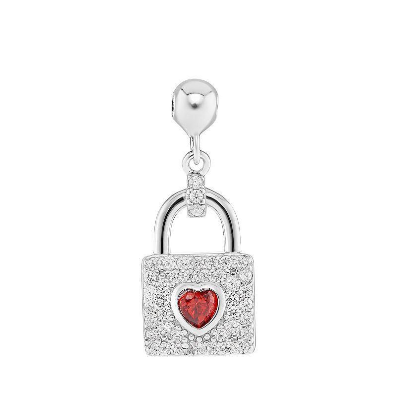 PRIMROSE Sterling Silver Polished Pave Cubic Zirconia & Garnet Heart Cubic Zirconia Lock Sliding Charm, Womens, Red Product Image