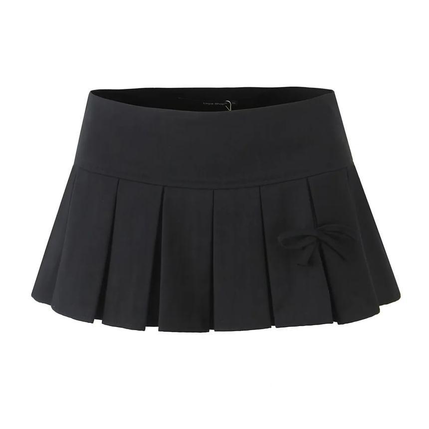 Low Rise Plain Bow Accent Mini Pleated Skirt Product Image