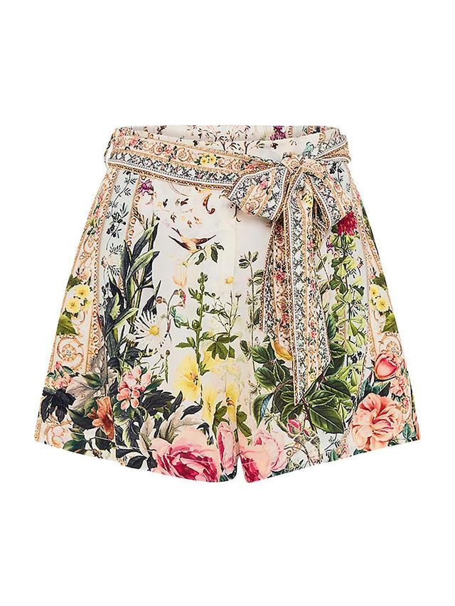 Womens Tuck Belted Floral Silk Shorts Product Image