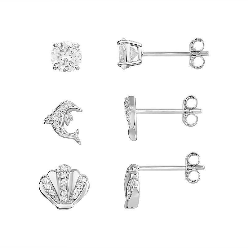 PRIMROSE Sterling Silver Dolphin, Seashell & Cubic Zirconia Stud Earring Trio Set, Womens Product Image