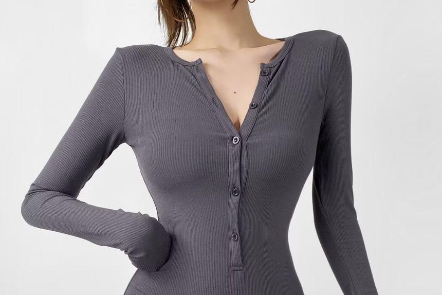 Long Sleeve Henley Neck Plain Romper Product Image