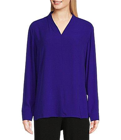 Eileen Fisher Silk Georgette Crepe V-Neck Long Sleeve Side Slit Long Top Product Image